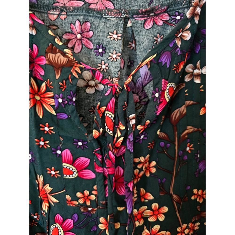 Suzanne Betro Floral Blouse Forest Green Pink Orange Tie Neck Top XL - Picture 5 of 6